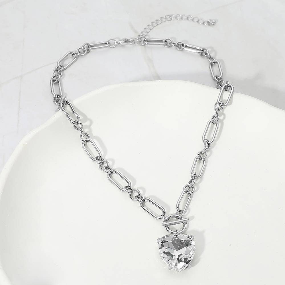 Chunky Heart Stone Cluster Toggle Pendant Necklace