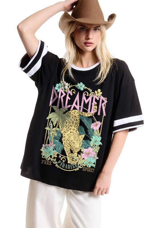 Dreamer Leopard Paradise Oversized Tee W/ Stripe Sleeve