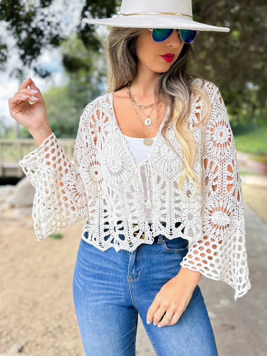 Ivory Unique Floral Open Front Long Sleeve Crochet Cardigan