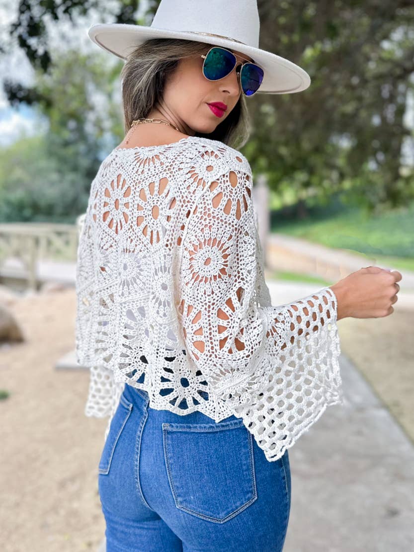 Ivory Unique Floral Open Front Long Sleeve Crochet Cardigan
