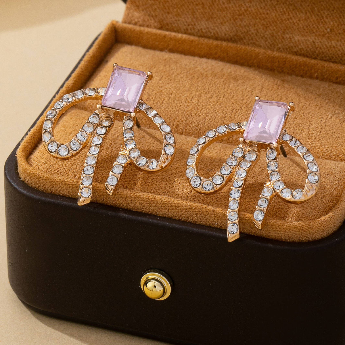 Pink Crystal Rhinestone Bow Earrings