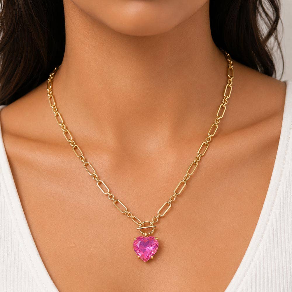 Chunky Heart Stone Cluster Toggle Pendant Necklace