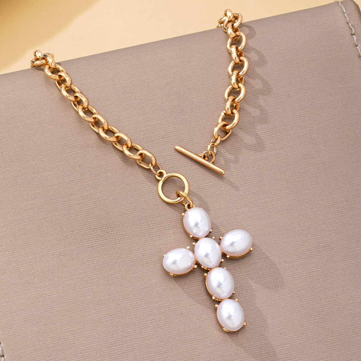 Large Pearl Cross Toggle Necklace
