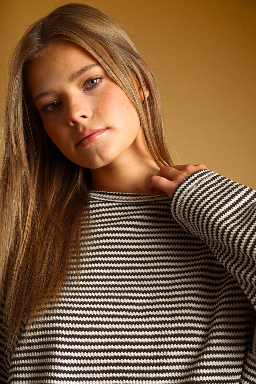 STRIPED WAFFLE FABRIC LONG SLEEVE TOP