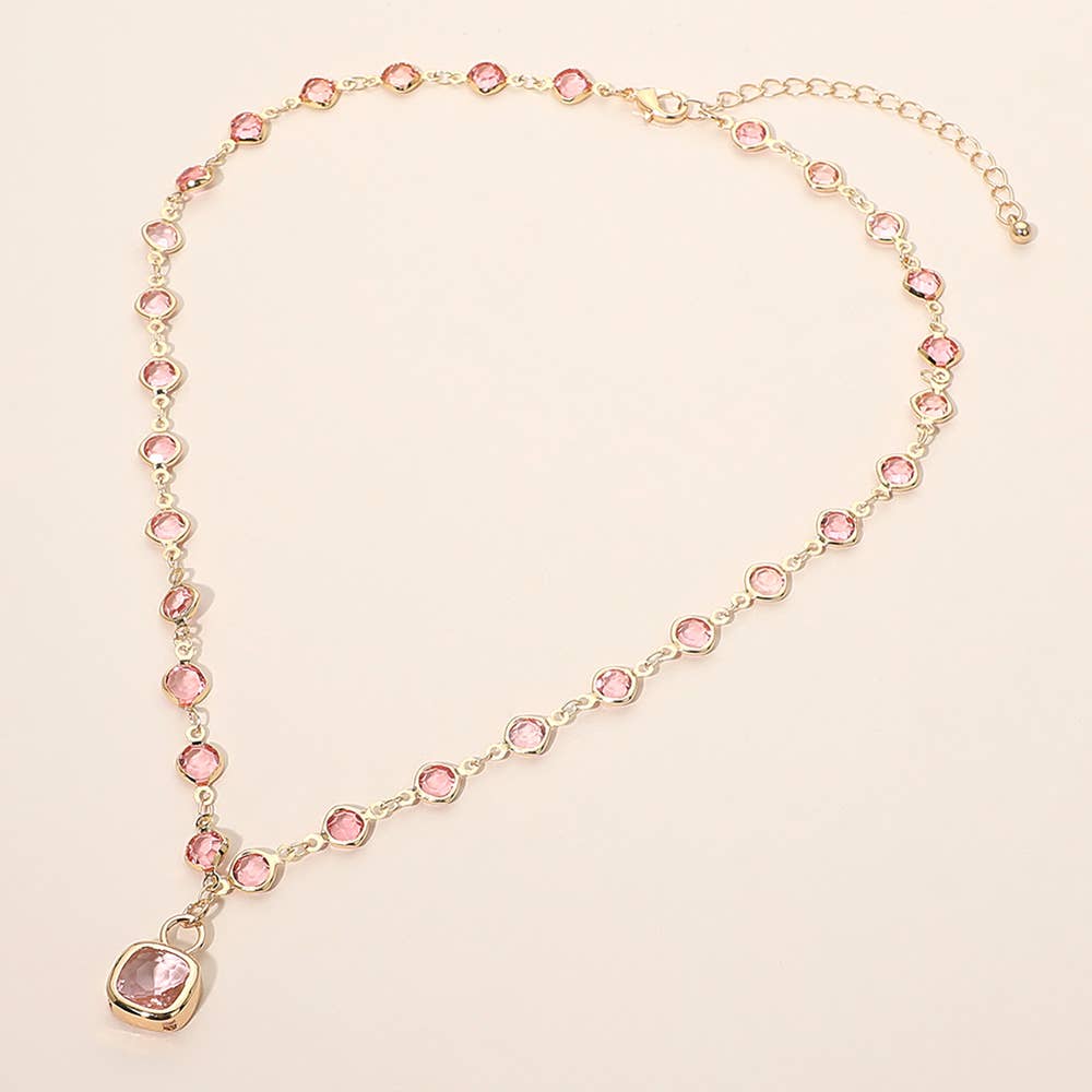 Square Stone Pendant Accent Round Bezel Link Necklace