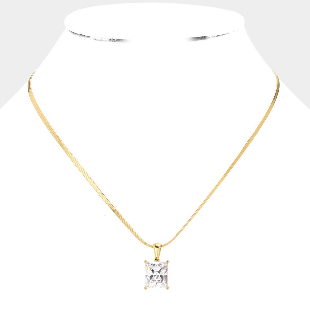 18K Gold Dipped CZ Rectangle Pendant Necklace