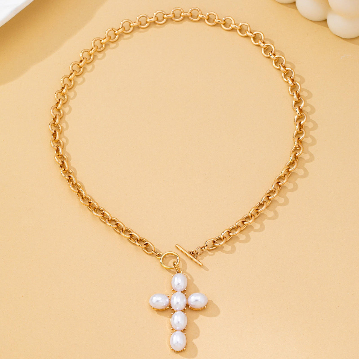 Large Pearl Cross Toggle Necklace
