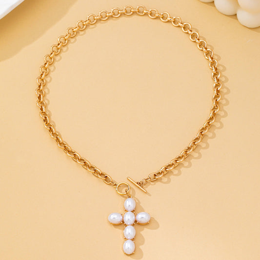 Large Pearl Cross Toggle Necklace