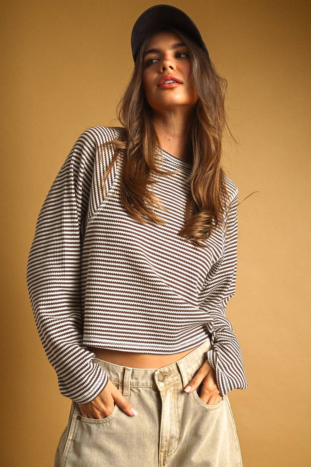 STRIPED WAFFLE FABRIC LONG SLEEVE TOP