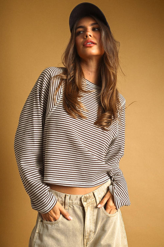 STRIPED WAFFLE FABRIC LONG SLEEVE TOP