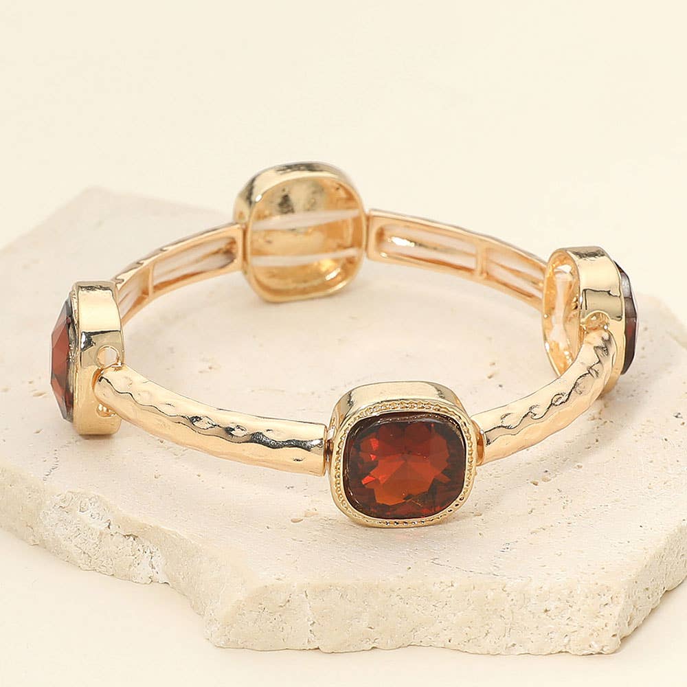 Square Stone Bezel Accent Hammered Bar Beaded Stretch Bracelet