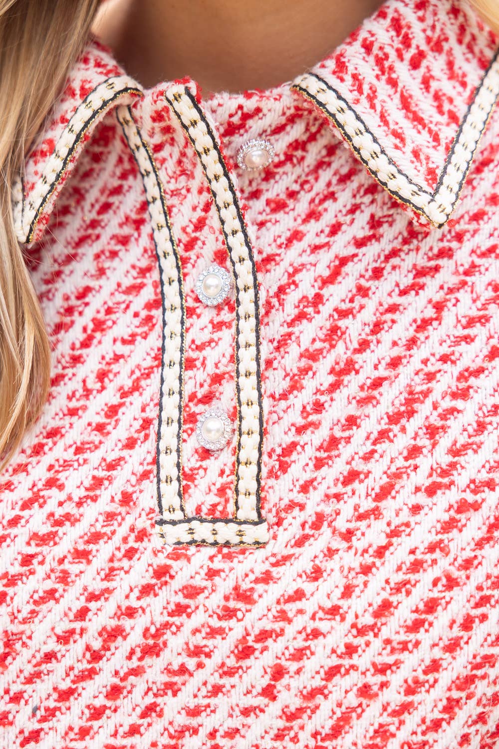 Pearl Quarter Button Collared Tweed Top