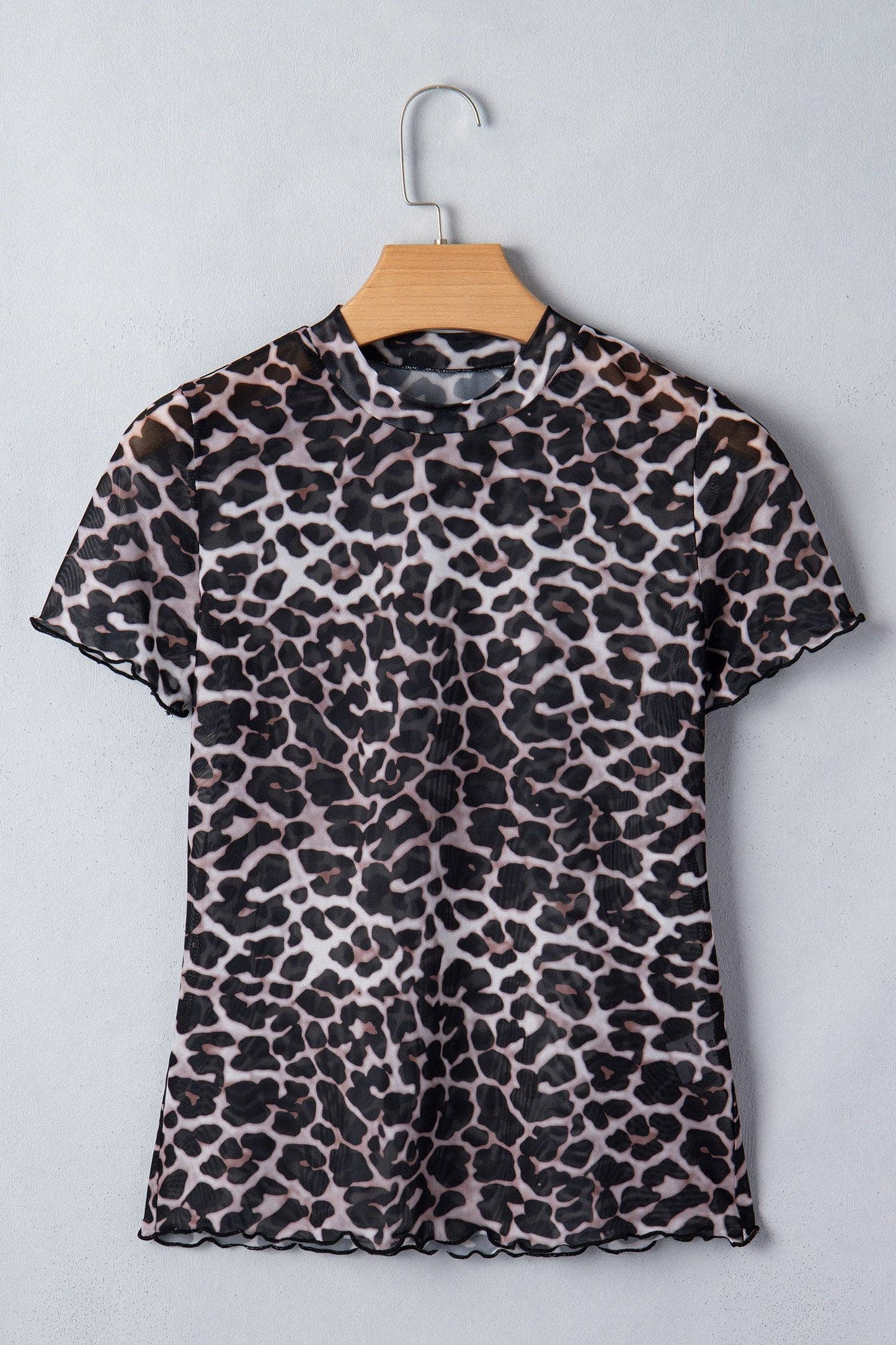 PRETTY BASH Leopard Sheer Mesh Short Sleeve Top