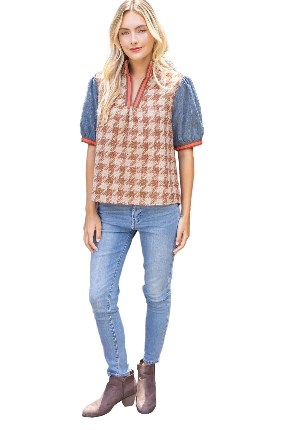 Denim Sleeve Tweed Top