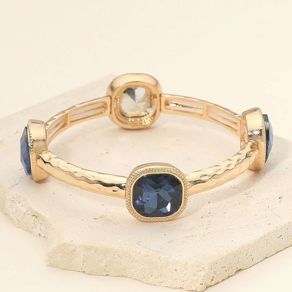 Square Stone Bezel Accent Hammered Bar Beaded Stretch Bracelet