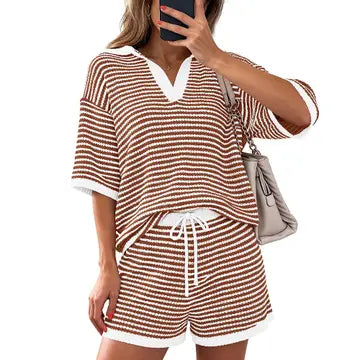 Striped Short Sleeve Knit Set