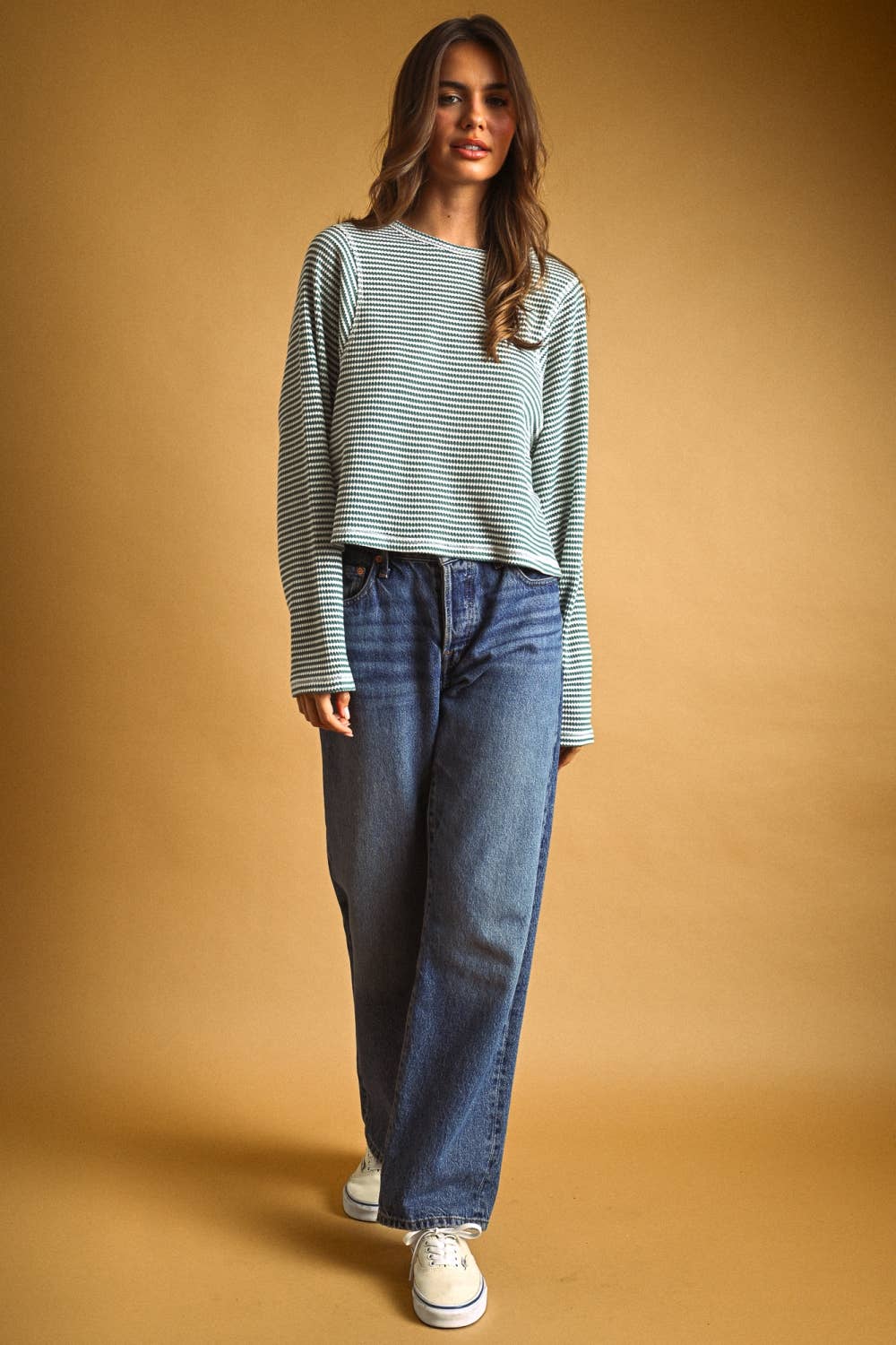 STRIPED WAFFLE FABRIC LONG SLEEVE TOP