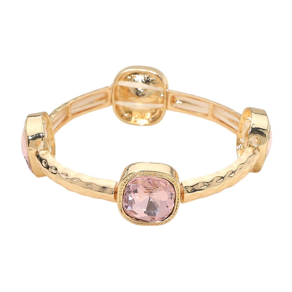 Square Stone Bezel Accent Hammered Bar Beaded Stretch Bracelet