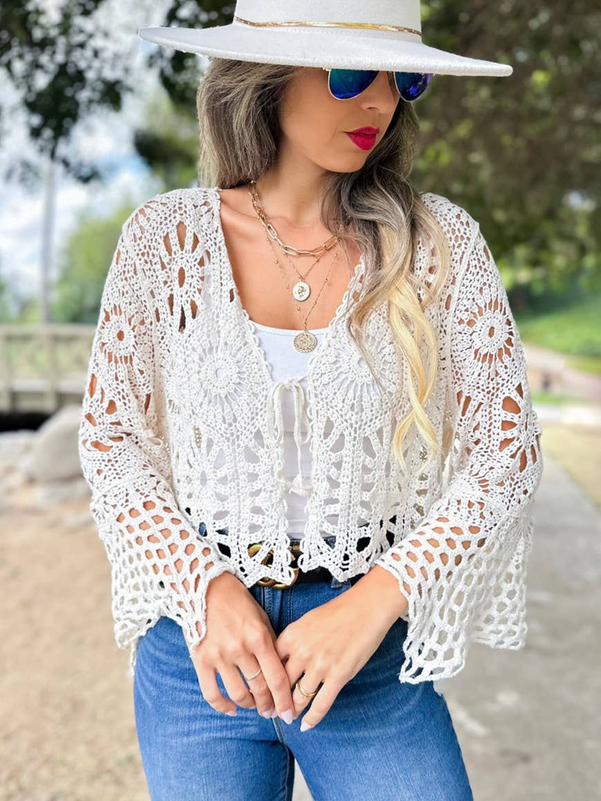 Ivory Unique Floral Open Front Long Sleeve Crochet Cardigan