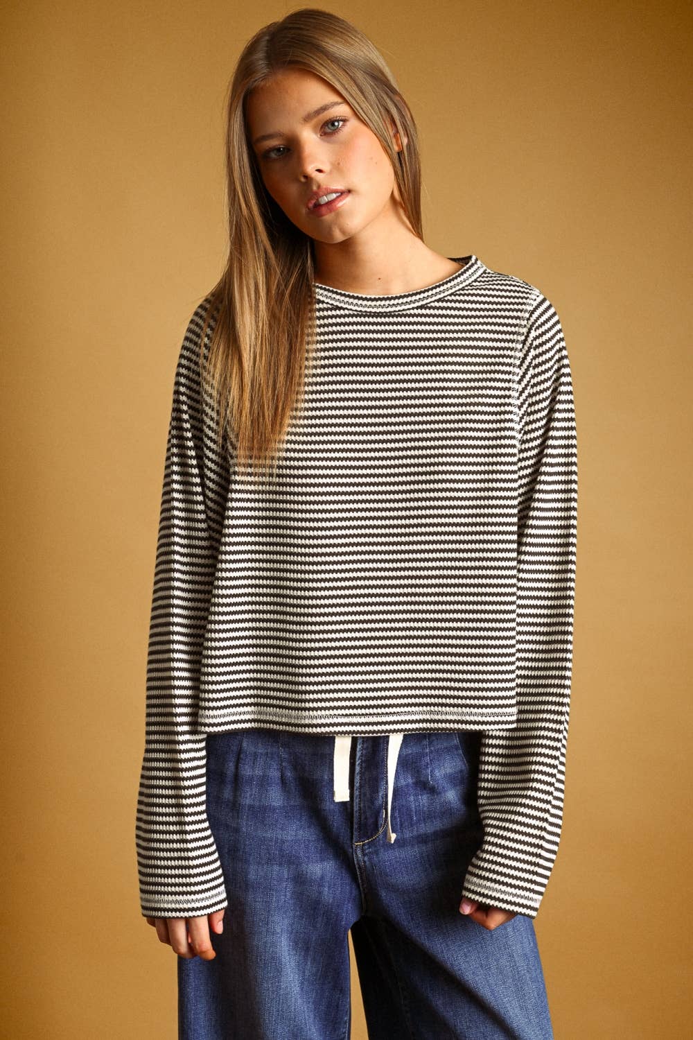 STRIPED WAFFLE FABRIC LONG SLEEVE TOP