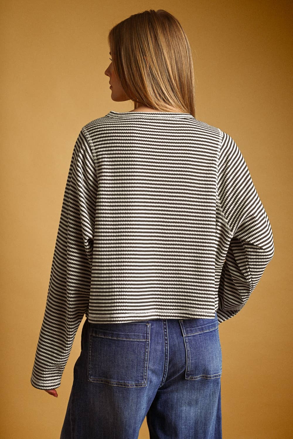 STRIPED WAFFLE FABRIC LONG SLEEVE TOP