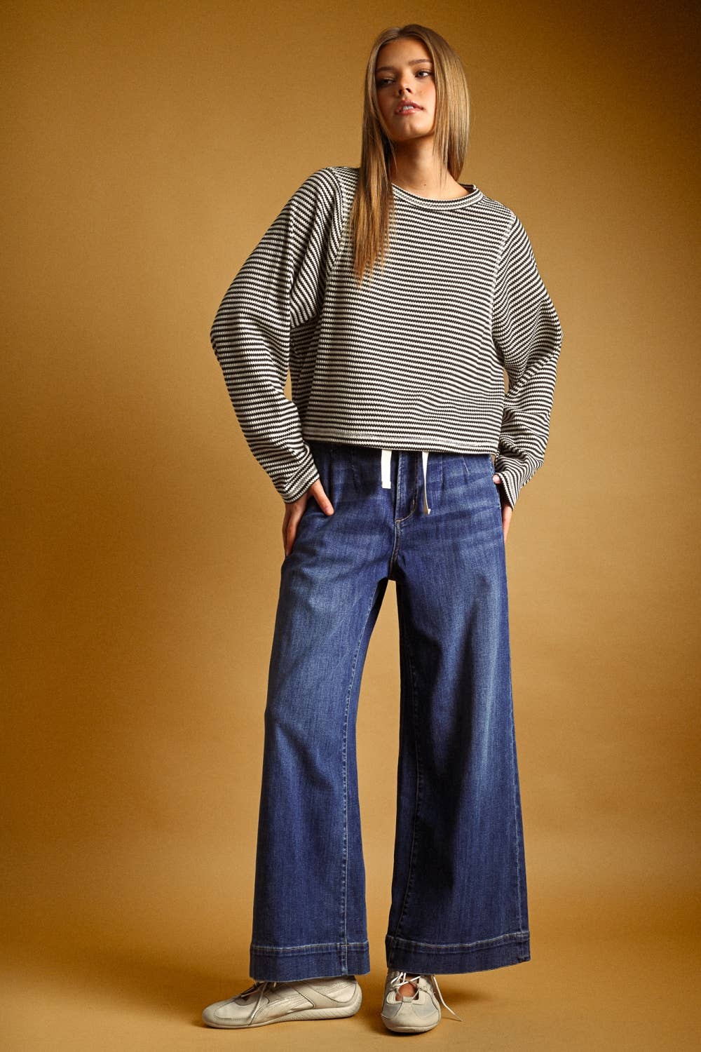 STRIPED WAFFLE FABRIC LONG SLEEVE TOP