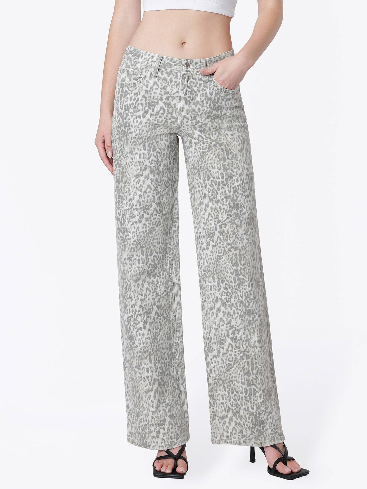 LOW RISE FULL LENTH LEOPARD PRINT WIDE LEG JEANS