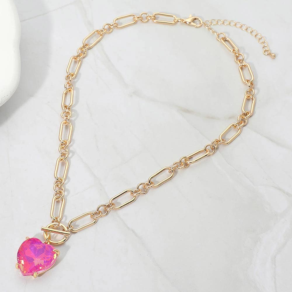 Chunky Heart Stone Cluster Toggle Pendant Necklace