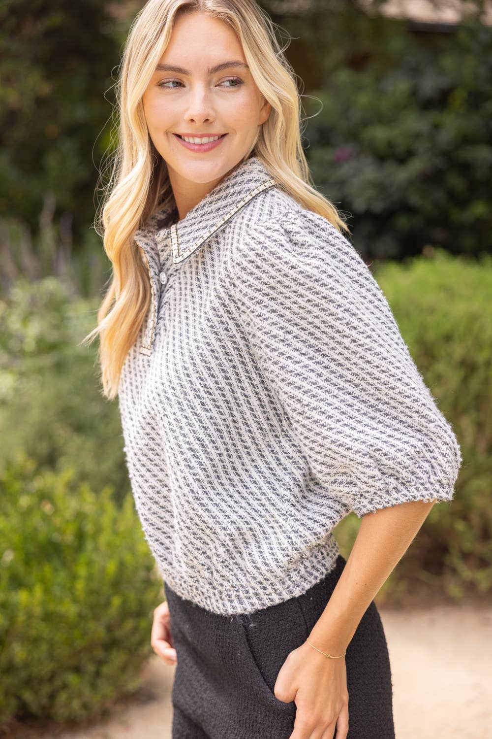 Pearl Quarter Button Collared Tweed Top