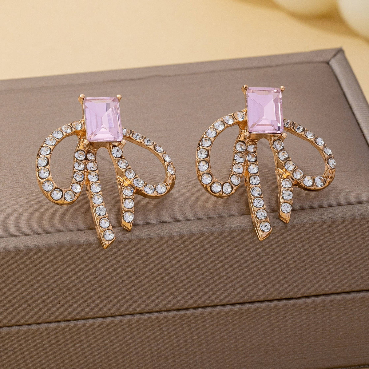 Pink Crystal Rhinestone Bow Earrings