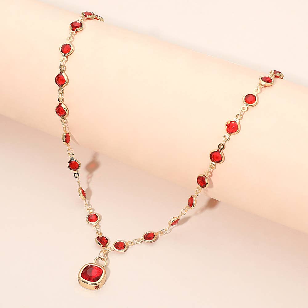 Square Stone Pendant Accent Round Bezel Link Necklace
