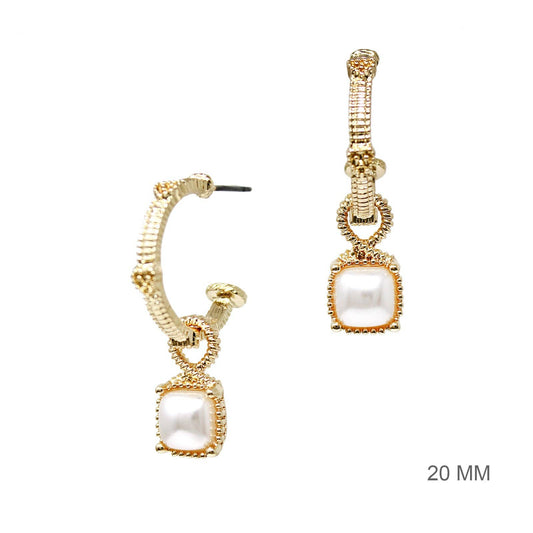 Gold Ribbed 1" Hoop with Pearl Stone Earring