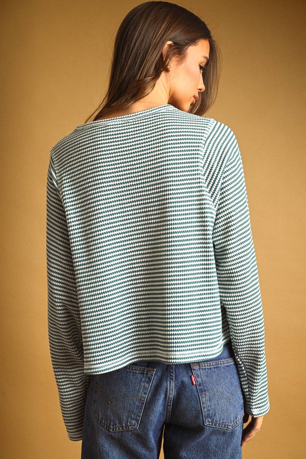 STRIPED WAFFLE FABRIC LONG SLEEVE TOP