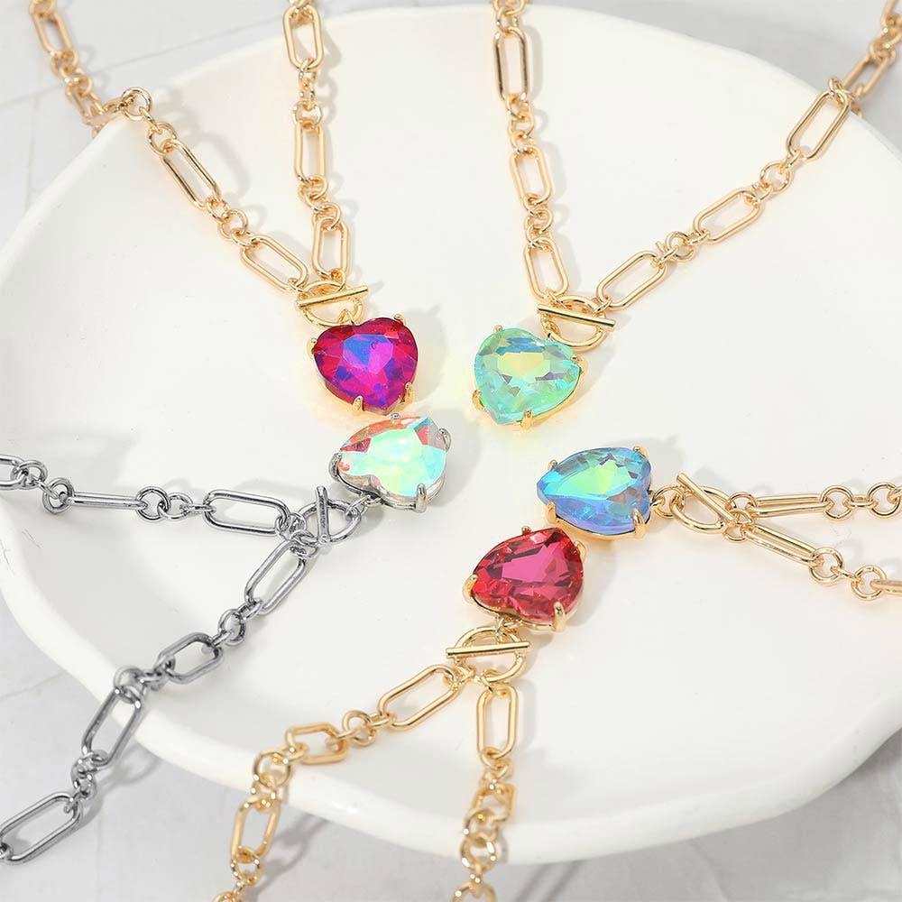 Chunky Heart Stone Cluster Toggle Pendant Necklace
