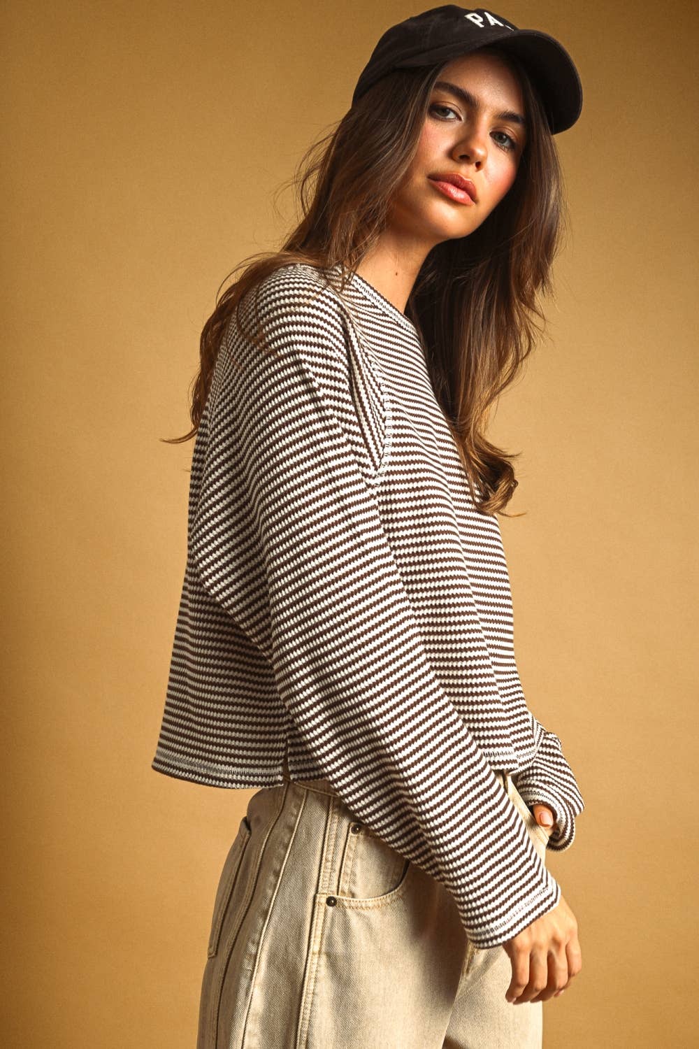 STRIPED WAFFLE FABRIC LONG SLEEVE TOP