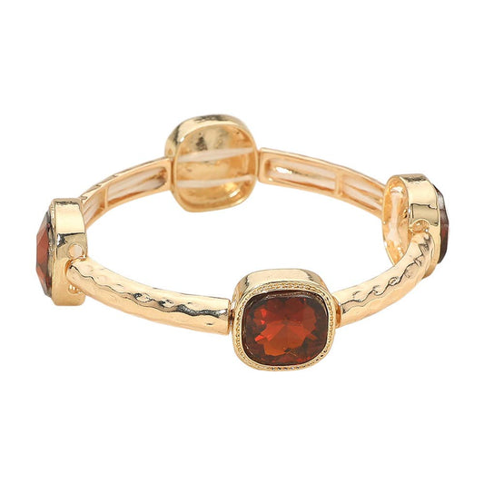 Square Stone Bezel Accent Hammered Bar Beaded Stretch Bracelet