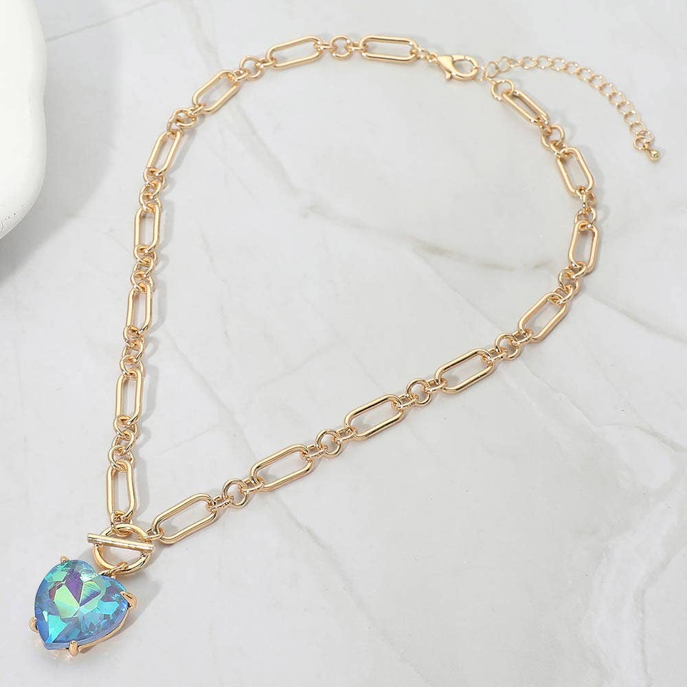 Chunky Heart Stone Cluster Toggle Pendant Necklace