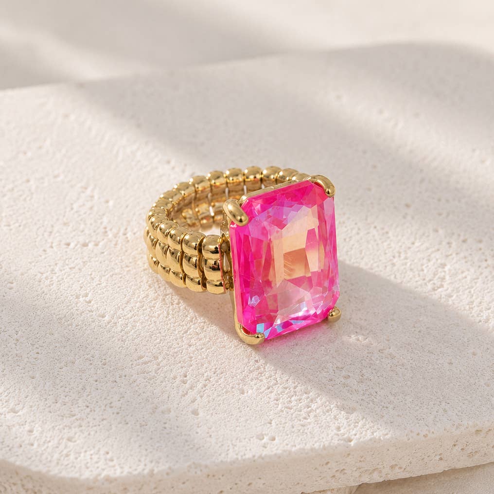 Rectangular Glass Cocktail Cut Stretched Adjustable Ring